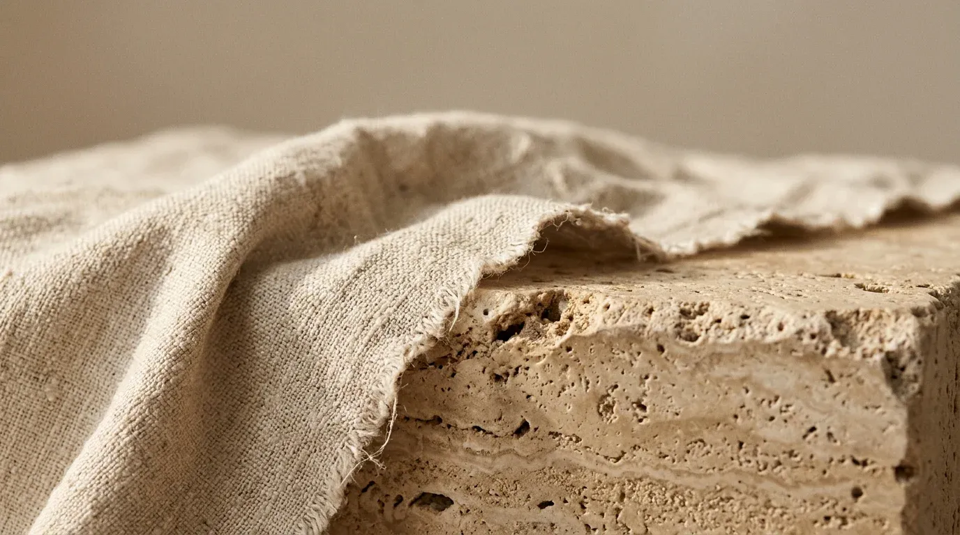 Natural linen over a travertine block.