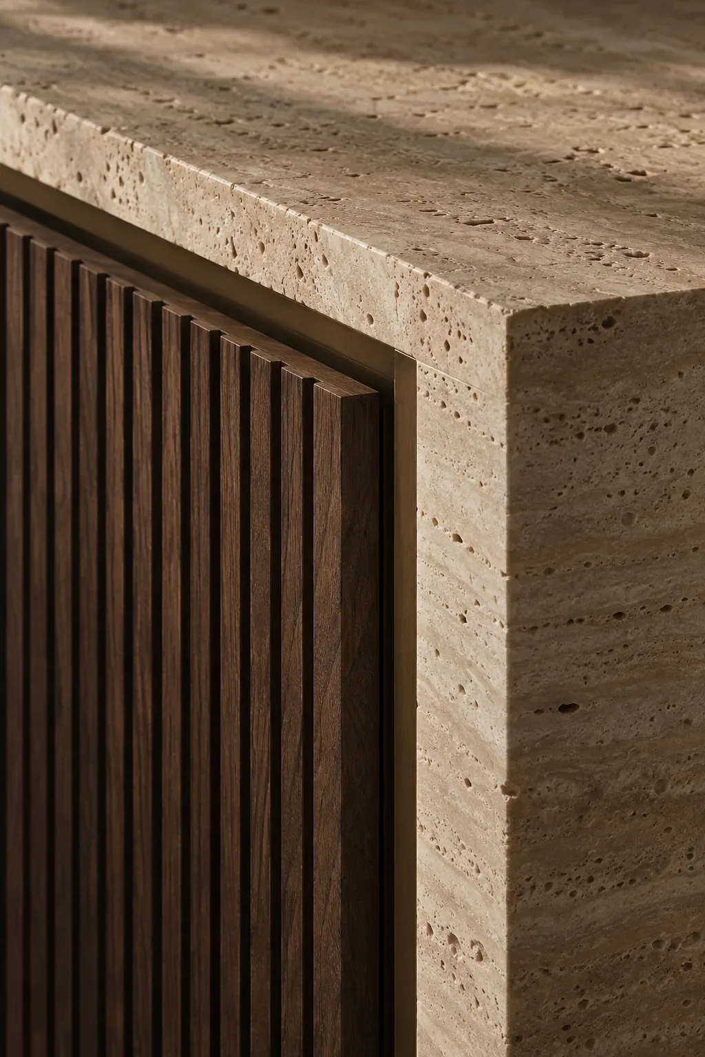 Travertine beside fluted walnut.